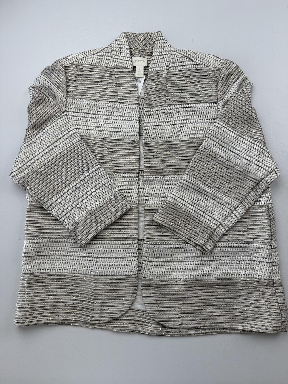 Chico's Jacket Womens 3 Gray Sequin Texture 3/4 Sleeve Open Front Lined Striped